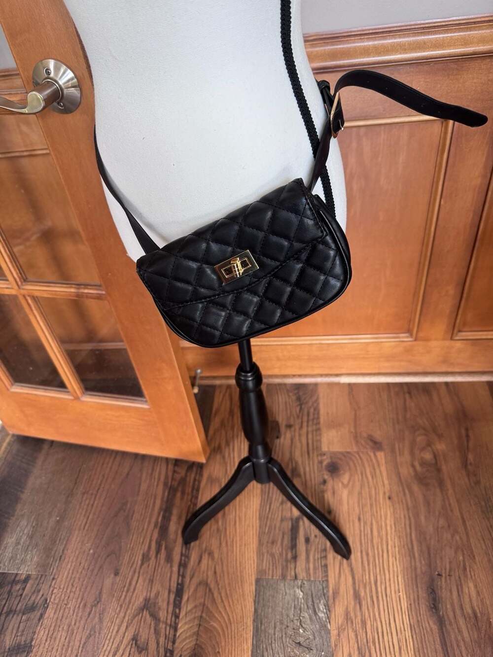 ZORFIN Black Quilted Fanny Pack Belt Bag Crossbody Gold Hardware